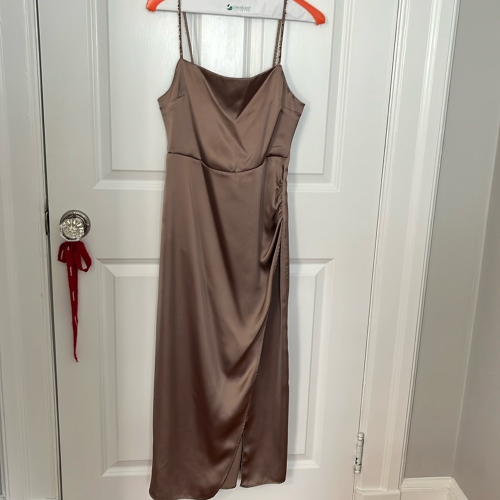 ZARA  copper color silky dress with beaded spaghetti straps.  Size Small.